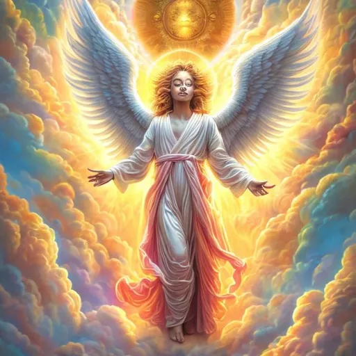 Prompt: Majestic angel in the sky, cloud-like robe with a radiant rainbow, sun-like face, fiery pillar legs, heavenly artwork, highres, detailed, vibrant colors, surreal, divine lighting, ethereal, heavenly, majestic, realistic clouds, radiant rainbow, sun-like face, fiery pillar legs, majestic, heavenly, surreal, vibrant colors, detailed artwork, professional, high quality