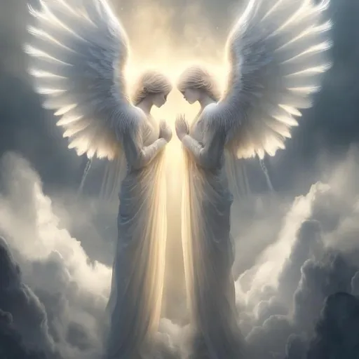 Prompt: Serene digital artwork of angelic figures, divine light filtering through clouds, ethereal and heavenly atmosphere, detailed feathered wings, radiant and serene expressions, high quality, digital painting, soft and luminous lighting, divine beings, angelic, wings, heavenly, radiant, serene, ethereal atmosphere, digital artwork, clouds, divine light, detailed feathers, professional, atmospheric lighting