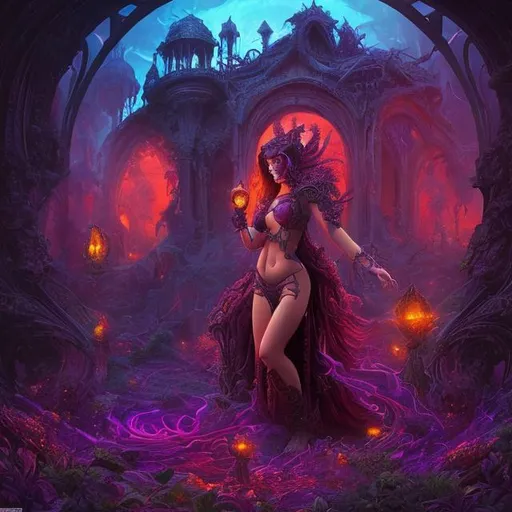 Prompt: Loosh harvesting female temptress, evil low vibrational being surreal digital art, vibrant and mesmerizing colors, intricate details, high quality, psychedelic, dark tones, alluring, mystical lighting, enchanting atmosphere