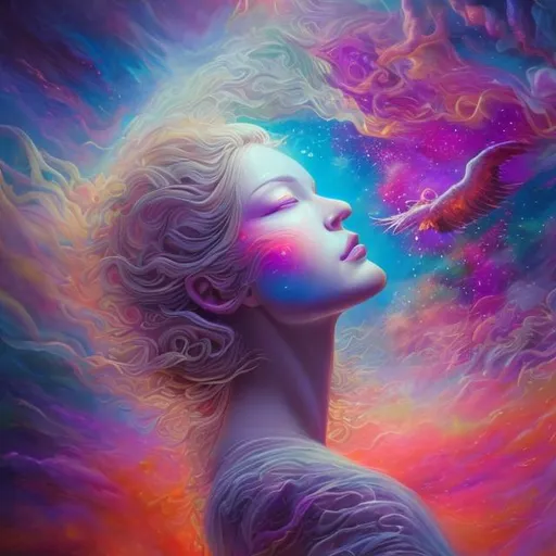 Prompt: Enlightened woman ascending to a 8D plane, ethereal, vibrant, high-dimensional, abstract art, heavenly glow, surreal colors, transcendent, spiritual awakening, detailed facial features, surreal, vibrant, cosmic, highres, ultra-detailed, abstract art, surreal colors, ethereal glow, spiritual, cosmic, multidimensional, vibrant, atmospheric lighting