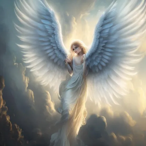 Prompt: Serene digital artwork of angelic figures, divine light filtering through clouds, ethereal and heavenly atmosphere, detailed feathered wings, radiant and serene expressions, high quality, digital painting, soft and luminous lighting, divine beings, angelic, wings, heavenly, radiant, serene, ethereal atmosphere, digital artwork, clouds, divine light, detailed feathers, professional, atmospheric lighting