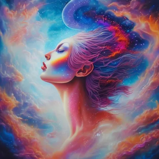 Prompt: Enlightened woman ascending to a 9D plane, ethereal, vibrant, high-dimensional, abstract art, heavenly glow, surreal colors, transcendent, spiritual awakening, detailed facial features, surreal, vibrant, cosmic, highres, ultra-detailed, abstract art, surreal colors, ethereal glow, spiritual, cosmic, multidimensional, vibrant, atmospheric lighting