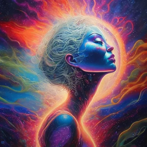 Prompt: Enlightened woman ascending to a 11D plane, ethereal, vibrant, high-dimensional, abstract art, heavenly glow, surreal colors, transcendent, spiritual awakening, detailed facial features, surreal, vibrant, cosmic, highres, ultra-detailed, abstract art, surreal colors, ethereal glow, spiritual, cosmic, multidimensional, vibrant, atmospheric lighting