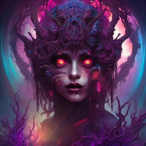 Prompt: Loosh harvesting female temptress, ravishingly beautiful evil low vibrational being surreal digital art, vibrant and mesmerizing colors, intricate details, high quality, psychedelic, dark tones, alluring, mystical lighting, enchanting atmosphere stealing souls