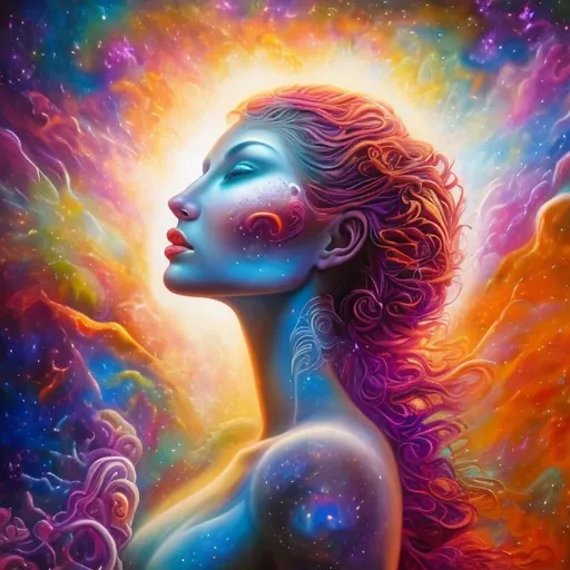 Prompt: Enlightened woman ascending to a 9D plane, ethereal, vibrant, high-dimensional, abstract art, heavenly glow, surreal colors, transcendent, spiritual awakening, detailed facial features, surreal, vibrant, cosmic, highres, ultra-detailed, abstract art, surreal colors, ethereal glow, spiritual, cosmic, multidimensional, vibrant, atmospheric lighting