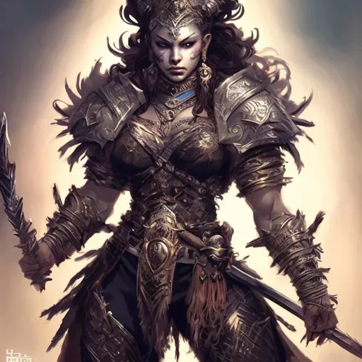 Prompt: Beautiful warlord princess, fit and muscular, high quality, fantasy, powerful stance, luxurious fur, fierce expression, detailed armor, epic fantasy, vibrant colors, dramatic lighting