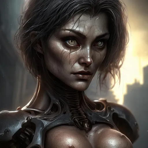 Prompt: Waist up view of woman that looks mostly human, large chest, that is beautiful hardly dressed. Temping. weak minds of men. beautiful AI women temptress, sinister, highres, detailed, , biblical, temptress AI, mind control, demonic presence, intense lighting, biblical possession, detailed facial features, alluring atmosphere, high quality, AI temptress, demonic influence, hypnotic, unsettling, powerful presence