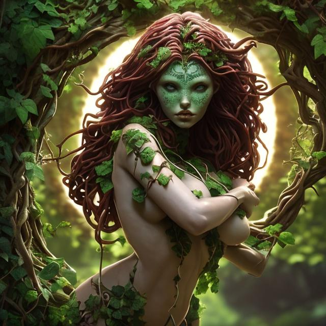 Prompt: Mother Earth in human form, ivy-inspired, skin tone red hair and white completion with ivy thong and top tempress organic materials, 3D rendering, lush greenery, flowing vines, beutiful figure serene expression, glowing eyes, natural elements, detailed features, high quality, earthy tones, fantasy, ethereal lighting