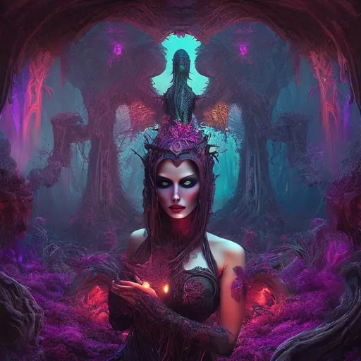 Prompt: Loosh harvesting female temptress, evil low vibrational being surreal digital art, vibrant and mesmerizing colors, intricate details, high quality, psychedelic, dark tones, alluring, mystical lighting, enchanting atmosphere