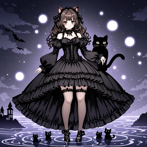 Prompt: A Full body anime woman with brunette hair adorned in a black gothic ensemble with lace embellishments and a fitted corset, featuring voluminous sleeves and a short tiered skirt, accessorized with bows in softly curled hair and a choker, hairstyle with gentle waves that is  shoulder length and a psychic Lolita ambiance. all black cat companion. give her thicker thighs and a larger chest