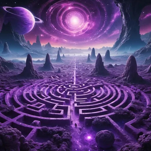 Prompt: Purple Maze features aliens, landscapes and outer space mazes, epic setting, lots of nebulae, high exposure, high detail, fantasy, vibrant purple, uhd, chaotic universe, cosmic magic, fantasy art, dark, super detailed, aliens like an ancient flying stone, flying islands, beautiful, radiant cosmic stars.