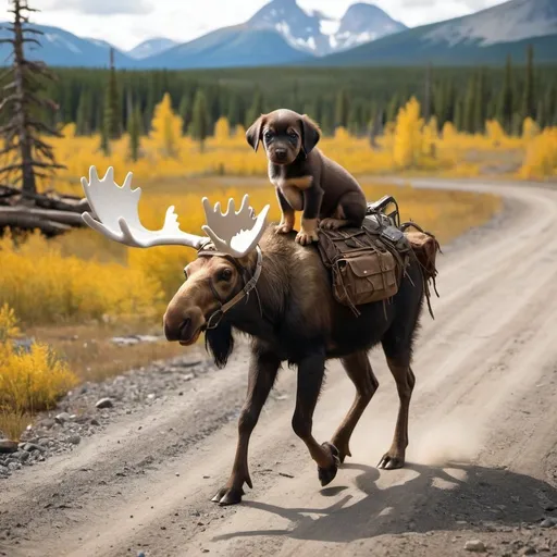 Prompt: Puppy riding a moose patrolling wastelands