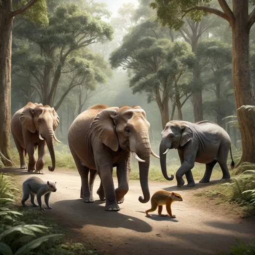 Prompt: Animals without tails walking towards a forest, elephant, turtle, squirrel, monkey, horse, no tails, forest setting, realistic, detailed fur/skin, natural lighting, earthy tones, wildlife, high quality, detailed, no tails