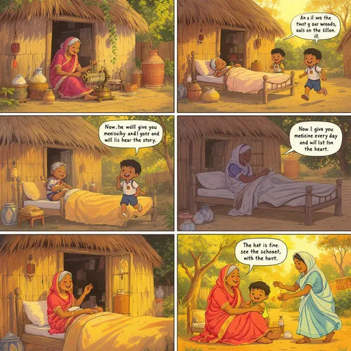 Prompt: कहानी (100 शब्दों में):
एक बुढ़ी माँ गाँव के किनारे छोटी सी झोपड़ी में रहती थी। उसका पोता रोज स्कूल से लौटकर उसके पास आता और कहानियाँ सुनता। एक दिन माँ बीमार हो गई। बच्चा गाँव के वैद्य को बुलाकर लाया, दिन-रात उसकी सेवा की। माँ धीरे-धीरे ठीक हो गई। बच्चा खुश हुआ और बोला, "अब मैं रोज तुम्हें दवाई भी दूँगा और कहानी भी सुनूंगा।" माँ ने उसे गले लगाया और आशीर्वाद दिया। उनके बीच का प्रेम गहरा था। यह कहानी बताती है कि सच्चा प्यार उम्र नहीं देखता, वह सिर्फ दिल से होता है।


---

सीन बाय सीन इमेज प्रॉम्प्ट्स:

1. सीन 1:
"एक बूढ़ी माँ गाँव के किनारे झोपड़ी में चरखे पर सूत कातती हुई बैठी है।"
(Rural Indian hut, old woman spinning yarn on charkha, peaceful village scene, sunset light)


2. सीन 2:
"एक छोटा बच्चा स्कूल ड्रेस में झोपड़ी की तरफ भागता हुआ आ रहा है, पीठ पर बस्ता है।"
(Indian village boy in school uniform running toward small hut, joyful expression)


3. सीन 3:
"बुढ़ी माँ खाट पर लेटी है, बच्चा उसके सिर पर गीला कपड़ा रख रहा है।"
(Sick elderly woman lying on cot, caring boy placing wet cloth on forehead, rural home interior)


4. सीन 4:
"बच्चा वैद्य को लेकर आ रहा है, माँ खाट पर बैठी है।"
(Indian boy guiding traditional village healer toward hut, hopeful look on faces)


5. सीन 5:
"माँ ठीक हो गई है, बच्चा उसे गले लगा रहा है, दोनों के चेहरे पर खुशी है।"