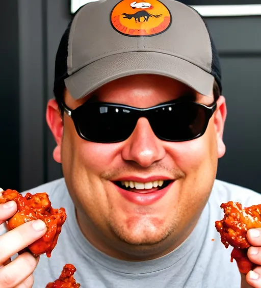 Prompt: Use this photo to create an image of this person eating buffalo wings with a very messy face from the wing sauce. 