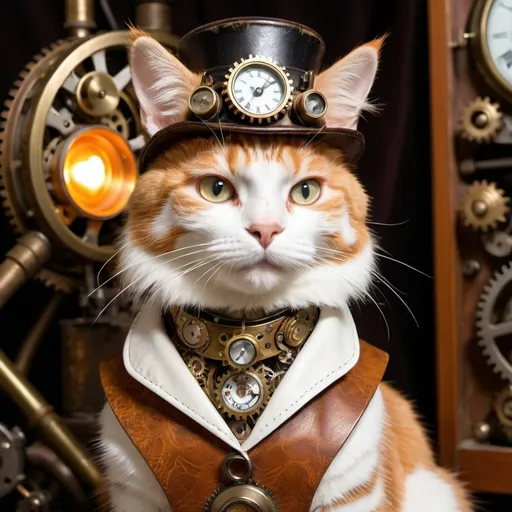 Prompt: Steampunk orange and white tabby cat, vintage mechanical gears, intricate clockwork details, worn leather collar with brass fittings, antique brass monocle, atmospheric lighting, best quality, detailed fur, steampunk, orange and white, vintage, mechanical gears, clockwork details, worn leather, antique brass, atmospheric lighting