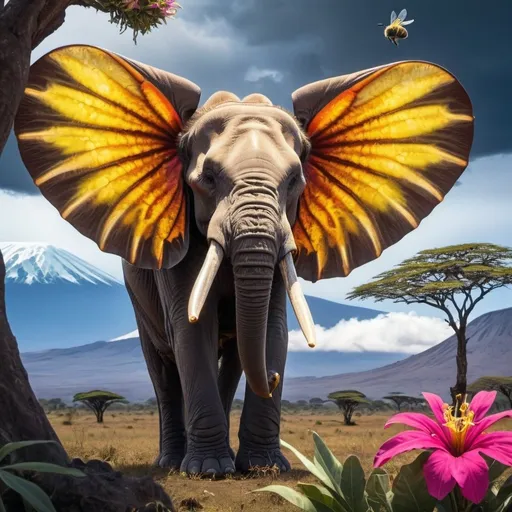 Prompt: Angry bee, elephant eating flower tree, Mount Kilimanjaro, fantasy style, detailed wings, intimidating gaze, vibrant colors, majestic mountain, large ears, tropical landscape, high quality, fantasy, intimidating, vibrant colors, detailed, majestic, tropical, atmospheric lighting