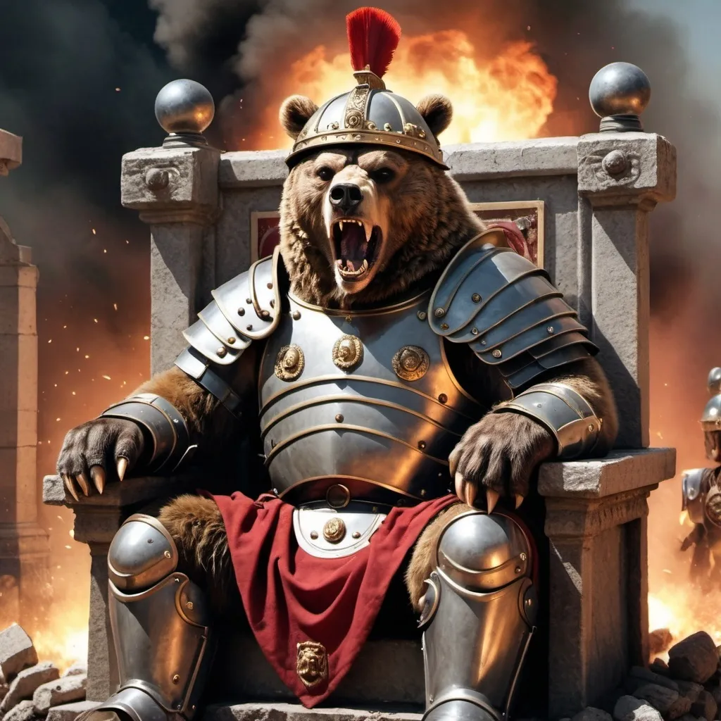 Prompt: a growling bear with a helmet of the imperial roman army in heavy armor with bloody teeth on a throne watching explosions and wine