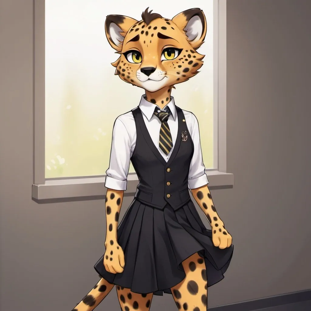 Prompt: Fursona, furry, anthropomorphic, high quality, very female boy, Cheetah, cat, fursuit, cat, gay, black, harness, sophisticated, male, reminiscient, in a female dress, femboy, with a skirt, with a lgbt flag, shy, knee socks, very soft, cute, clean, very gay, MORE FEMINE
