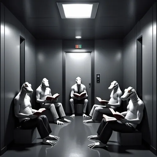 Prompt: 4 men in a room one outside the other one. Man with tongue out reading book. Intense aligators .dark. corn fields.  3D theme. Elevators of doom.Tall fish. 3D borderless simple vectors. Acute angle. Grey aliens