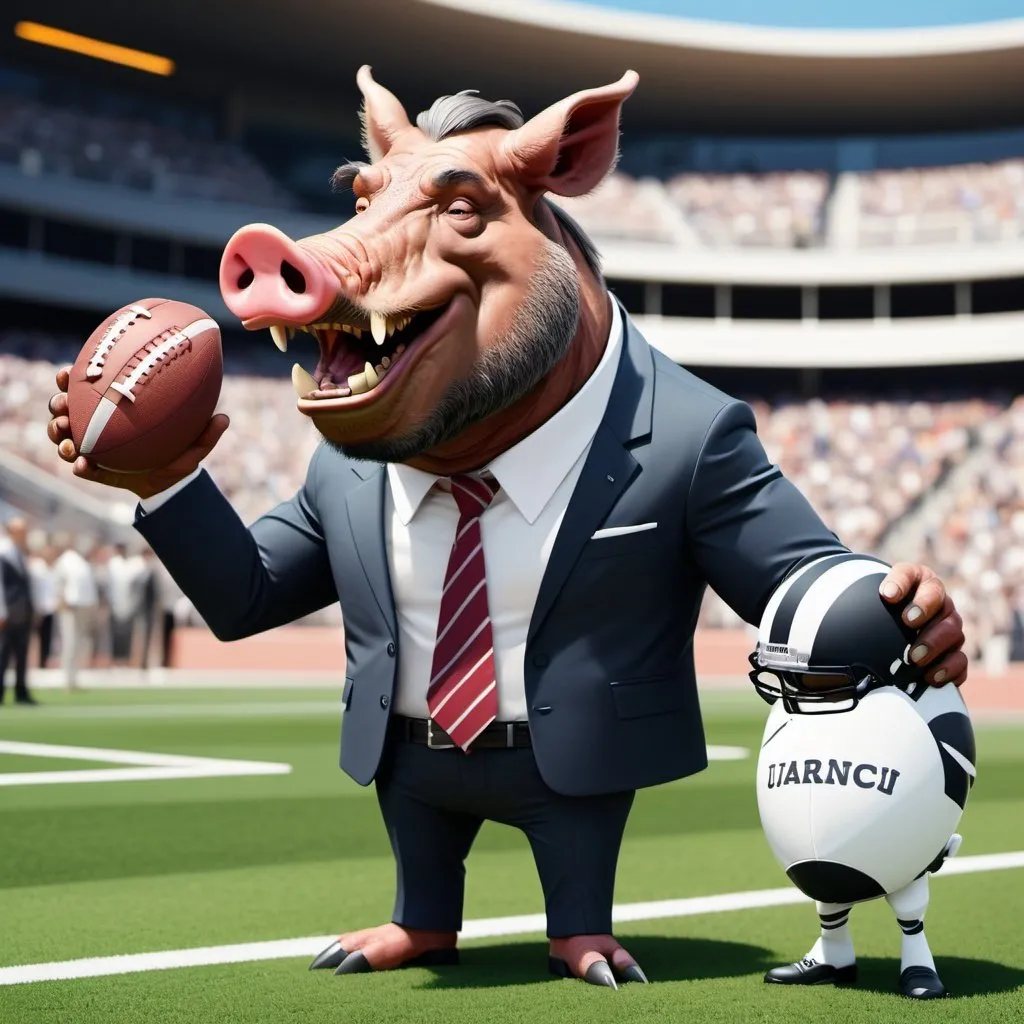 Prompt: A wild boar in a business suit handing a business card to a larger boar wearing a football helmet at a sporting event. Cartoon 3D theme. Borderless convex color. Light theme. Sunny day. Sunday cartoon. Elite, wealthy, simple, no edge. Borderless edges.