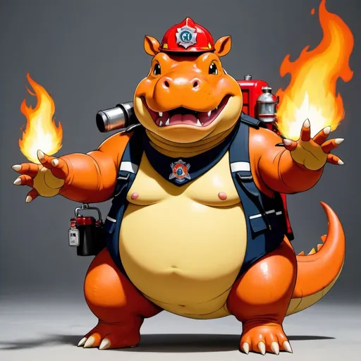 Prompt: charzard but he is a hippo with the fire department, firefighter, hippo, fire type pokemon