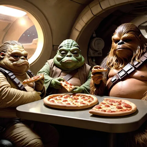 Prompt: Jabba the hut eating a pizza with Captain Solo and the wookie