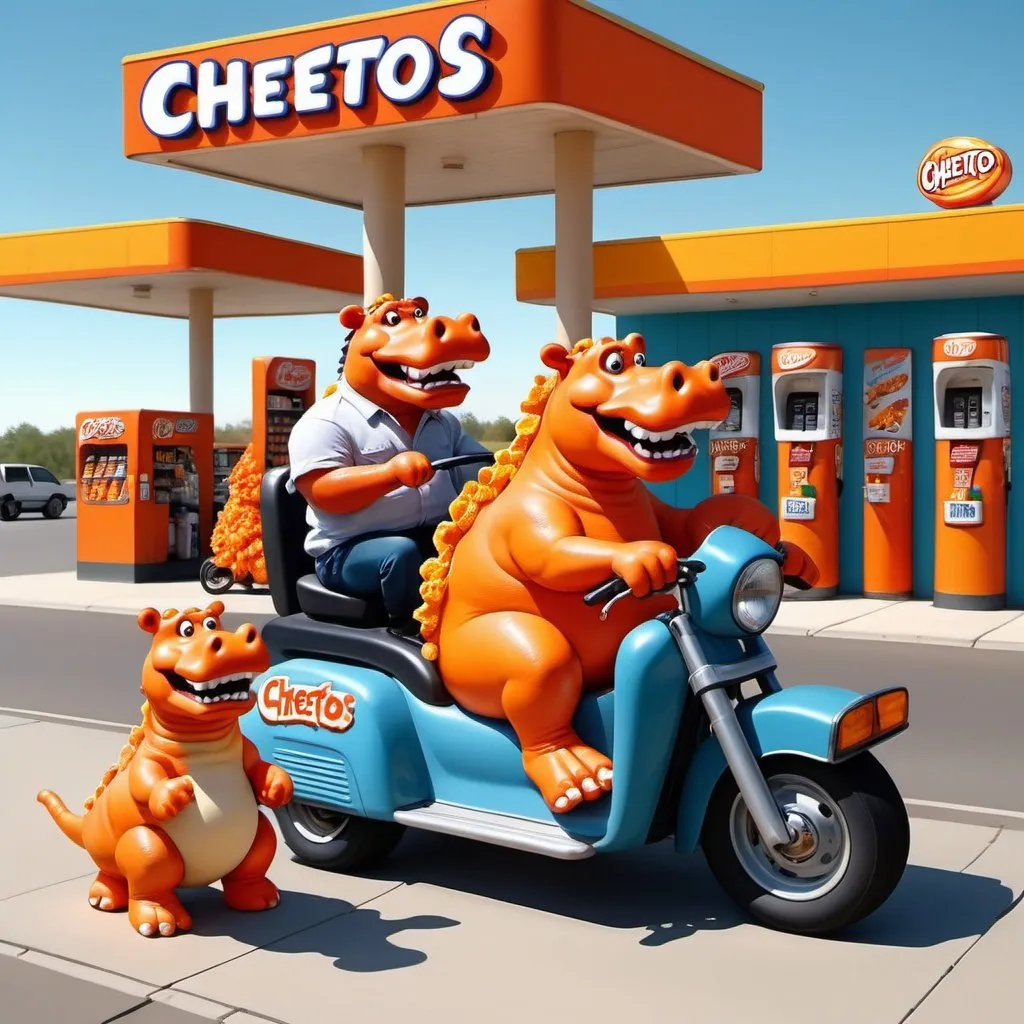 Prompt: Men riding hippos while stopping at a gas station buying Cheetos and lite beer. Cartoon, 1990s style 3D borderless, light theme, sun out, low profile.