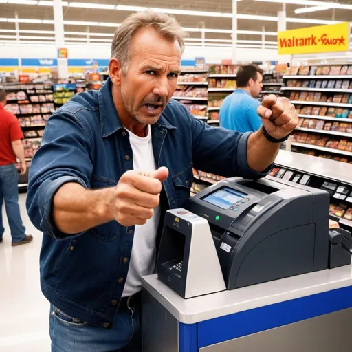 Prompt: Kevin Costner  at Walmart fighting the self check-out with fists, 3D art style, Lots of people, busy, Extreme Rage, unchecked rage, blood, nuts and bolts propelled in air, damage, destroy, electricity, nuts and bolts, Cashier machine, tellerless sale, robot, Major anger