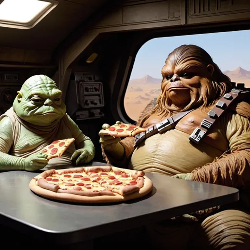 Prompt: Jabba the hut eating a pizza with Captain Solo and the wookie