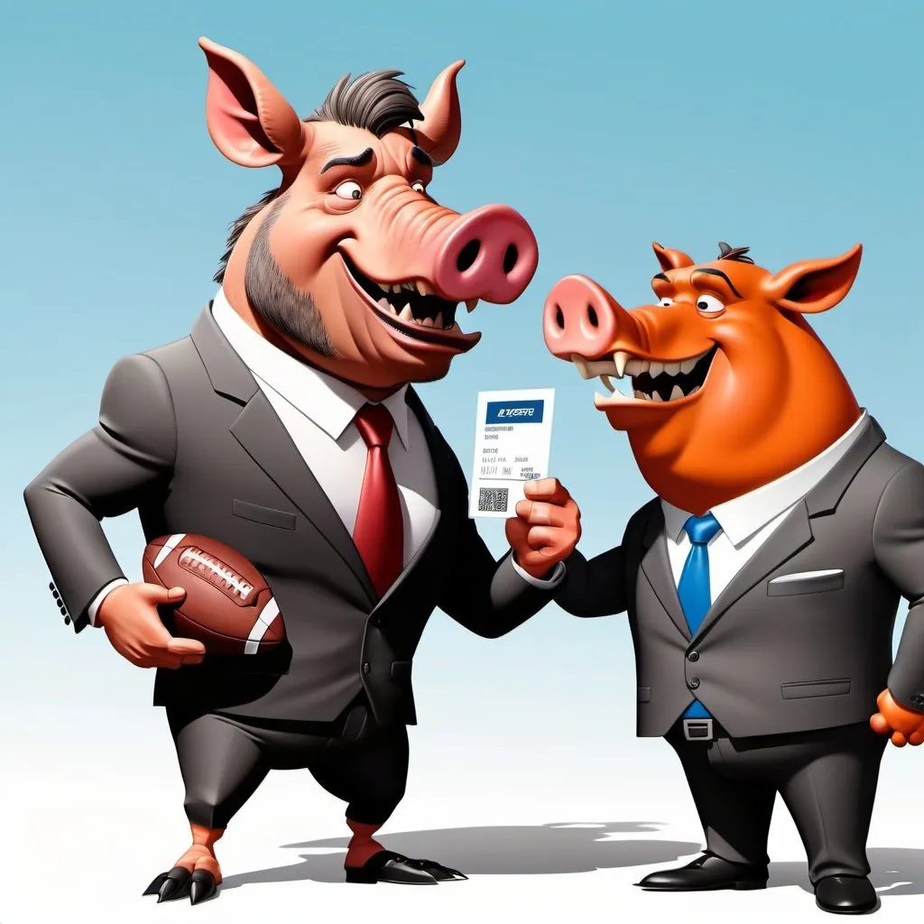 Prompt: A wild boar in a business suit handing a business card to a larger boar wearing a football helmet at a sporting event. Cartoon 3D theme. Borderless convex color. Light theme. Sunny day. Sunday cartoon. Elite, wealthy, simple, no edge. Borderless edges.