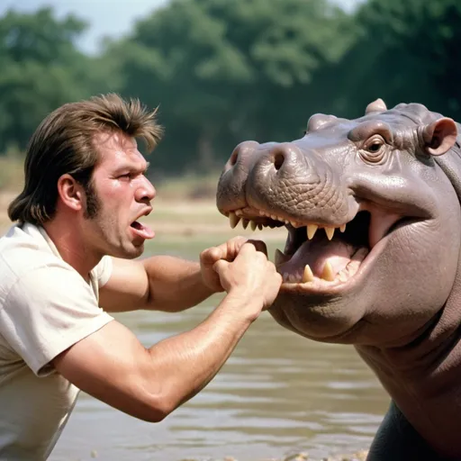 Prompt: men with sideburns fighting hippos, 1990s, big sideburns, wide angle, bright