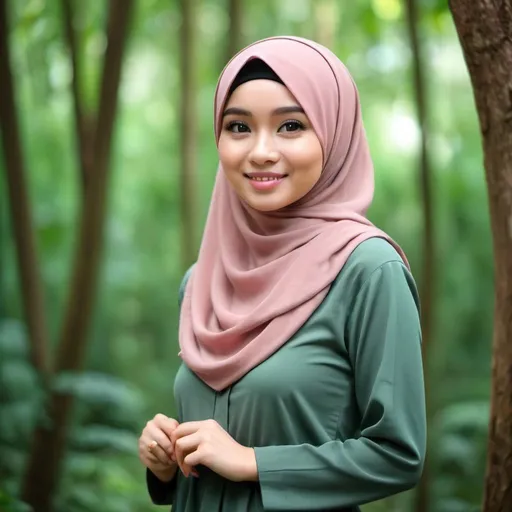 Prompt: cute malaysia hijab woman full body potrait background forest bokeh