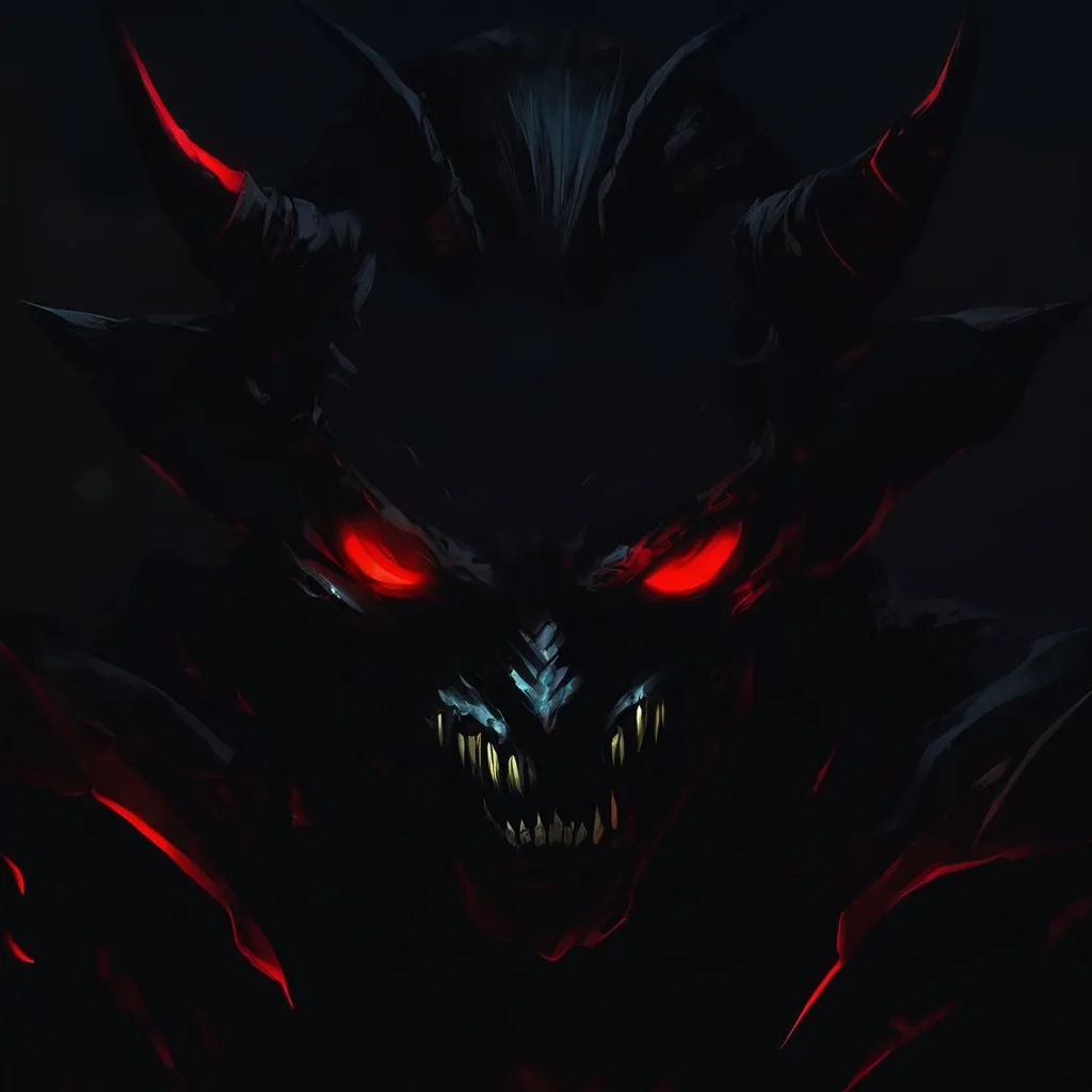 Prompt: a demonic demon with glowing eyes and fangs in the dark night with red eyes and a glowing head light, Aya Goda, vanitas, dark background, a character portrait