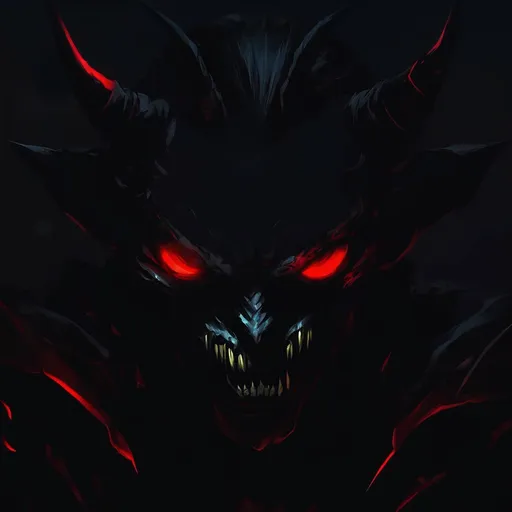 Prompt: a demonic demon with glowing eyes and fangs in the dark night with red eyes and a glowing head light, Aya Goda, vanitas, dark background, a character portrait