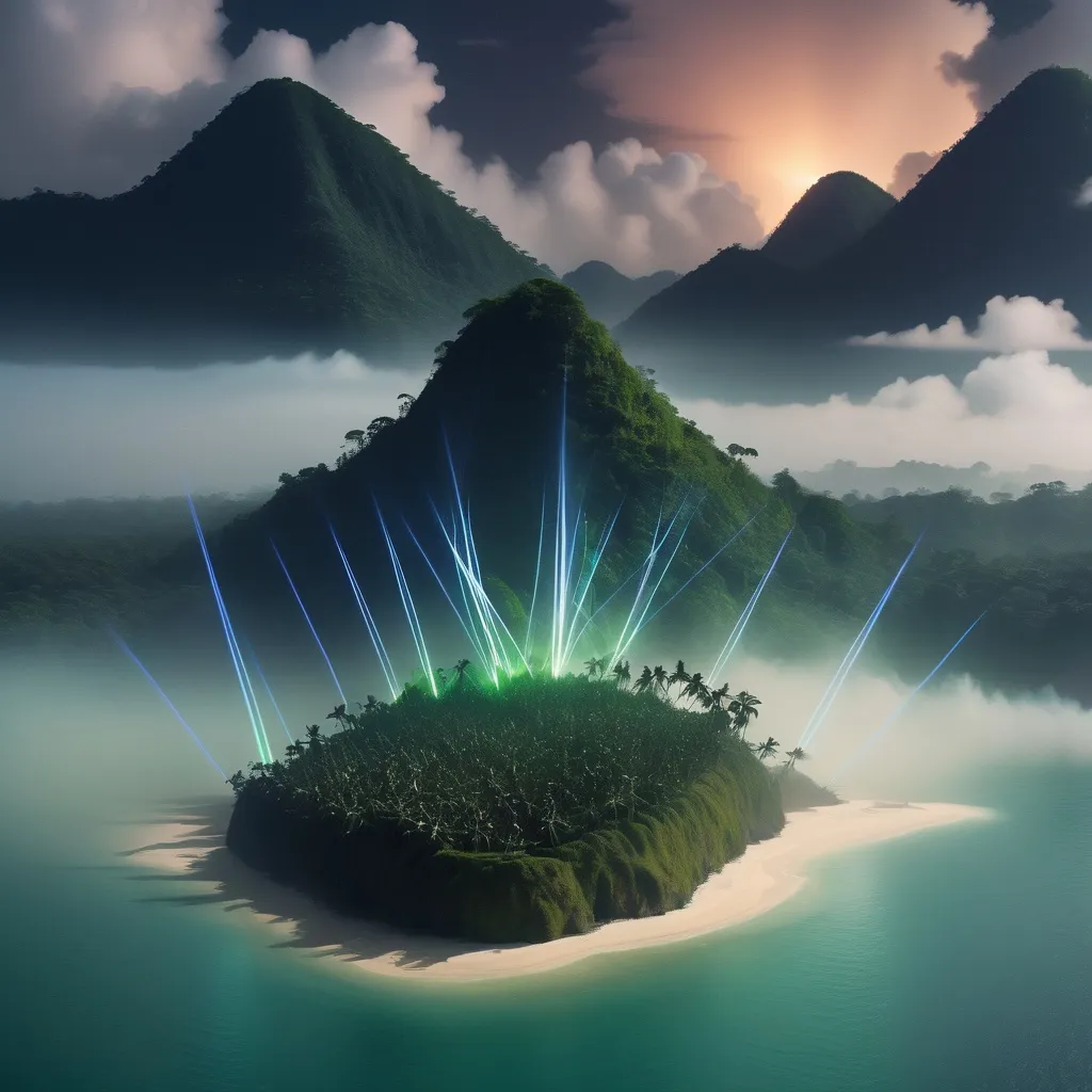 Prompt: multiples lasers shooting from the dense tropical landscape