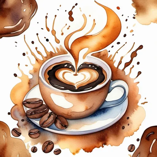 Prompt: create 10 watercolor whimsical images of hot coffee