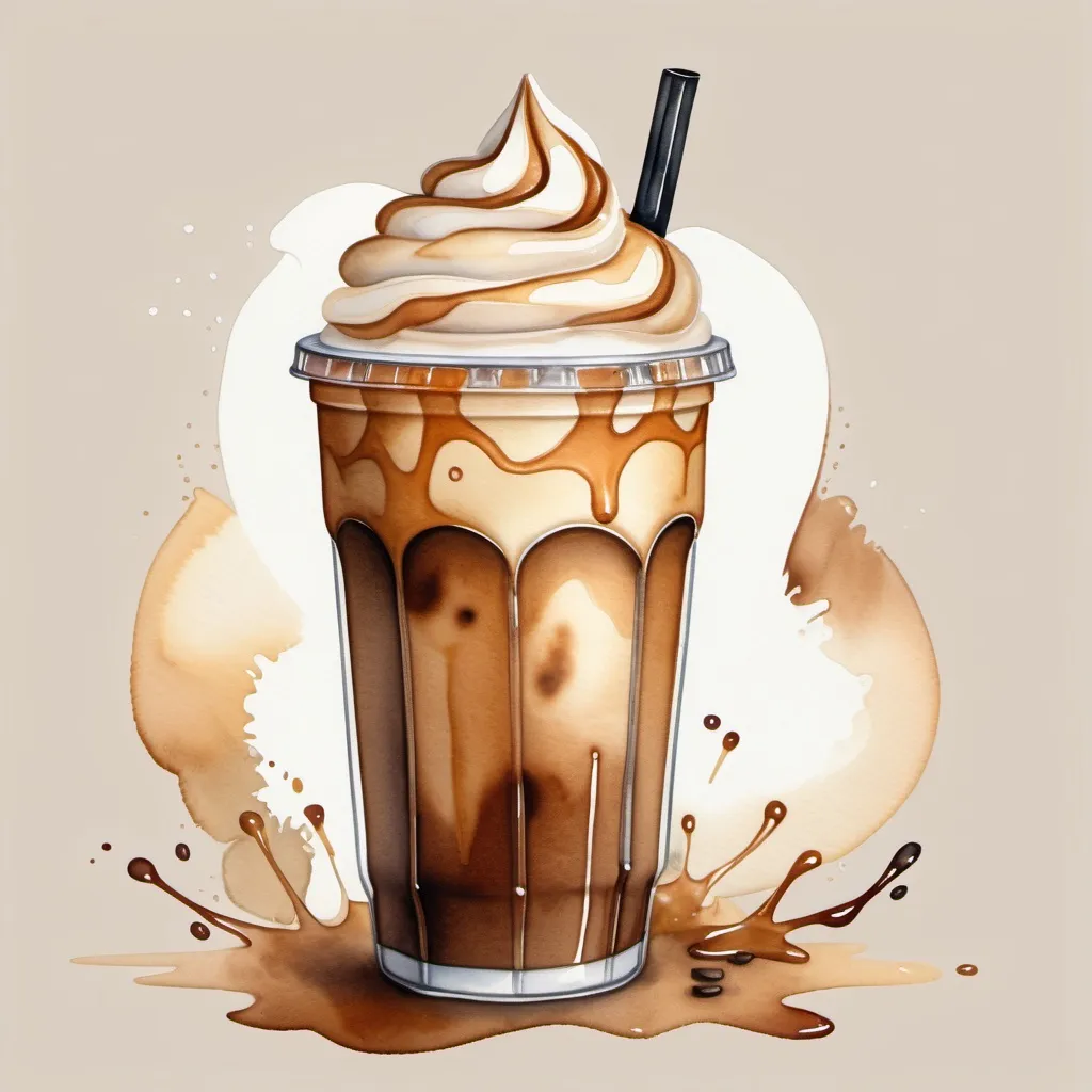 Prompt: create watercolor whimsical images of iced coffee, hot coffee, latte. frappucino