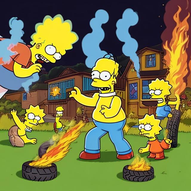 Prompt: A pile a weed on fire instead of the outdoor pile of tire fire on the tv show"the simpsons".  with all the simpsons characters around it inhaling the weed and getting high