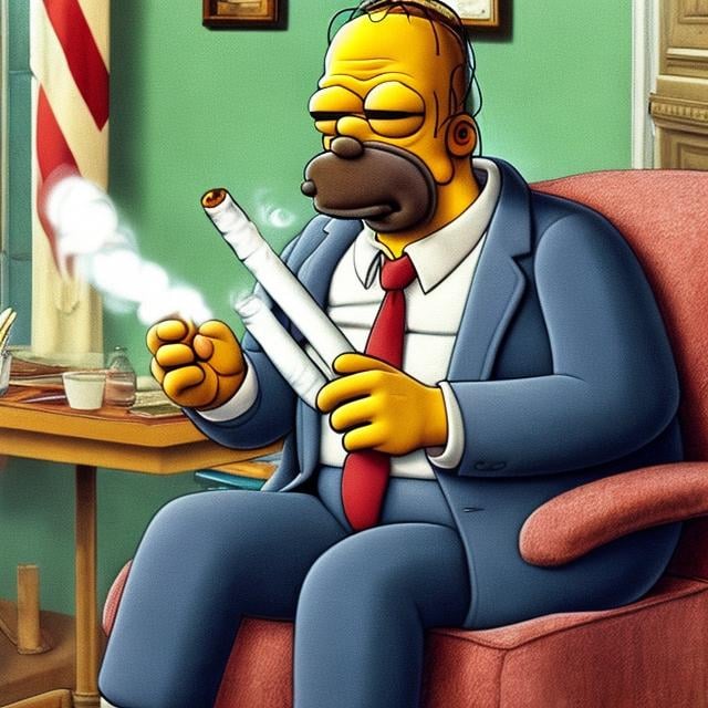 Prompt: Realistic photo of Homer j Simpson. As President of the United States smoking a joint.