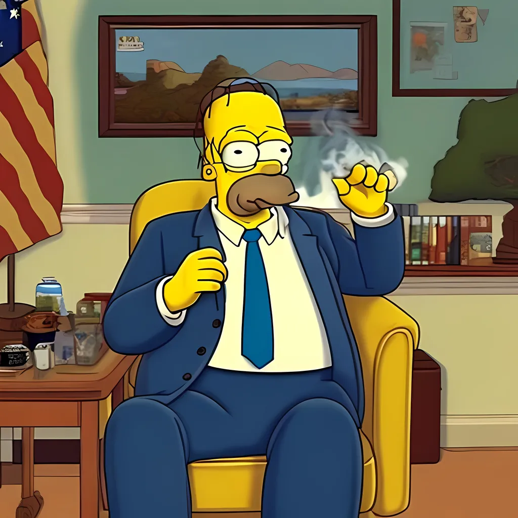 Prompt: Realistic photo of Homer j Simpson. As President of the United States smoking a joint.