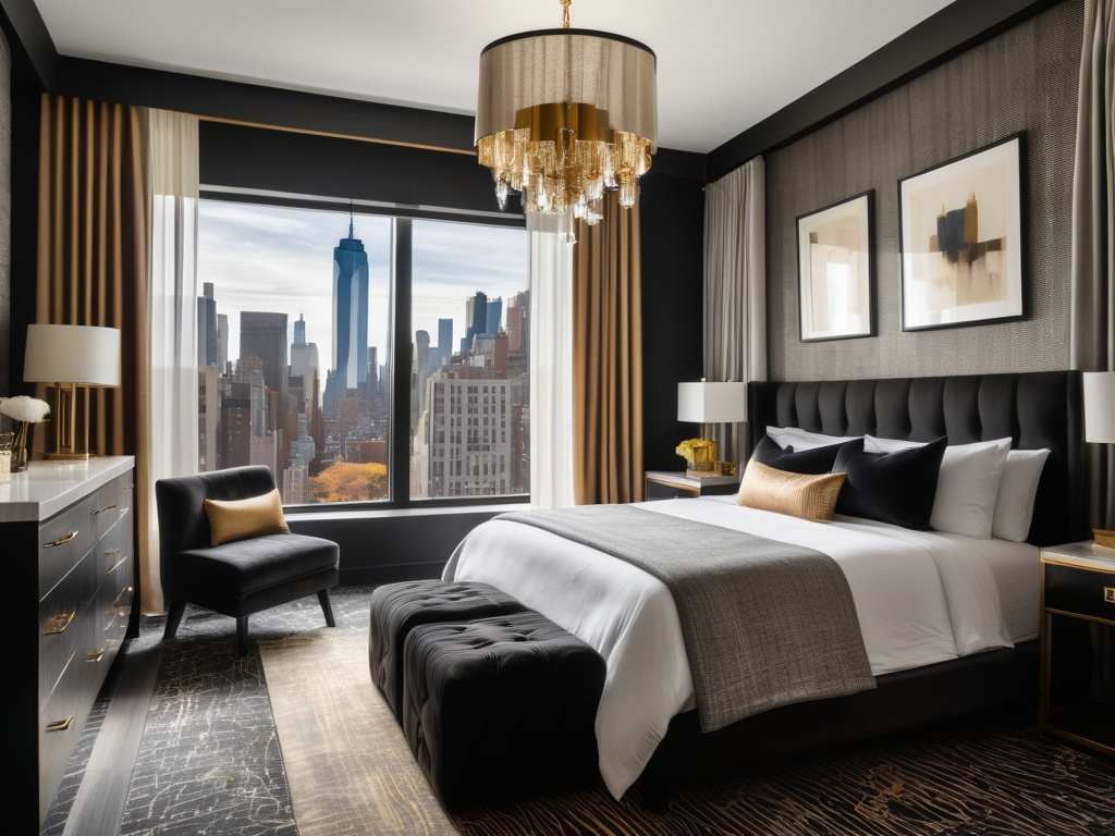 Prompt: Modern hotel feeling room with browns, gold and black, linen natural curtains, a modern chandelier hanging from the middle of the room. Nightstands on each side of the queen size bed in black. Modern wall sconces above on each nightstand. The wallpaper behind the bed is Abstract. Flooring is grey carpet. The bathtub is near the big windows. We see New York city from the windows. 