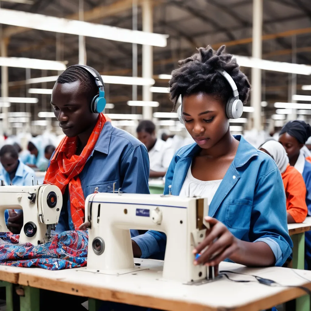 Prompt: Stock image Modern youth adults men and women in Kenya in fabric manufacturing working on fabric with modern clothing in a modern factory and gadgets and headphone with bright with modern clothing and modern sewing machines realistic fingers and eyes