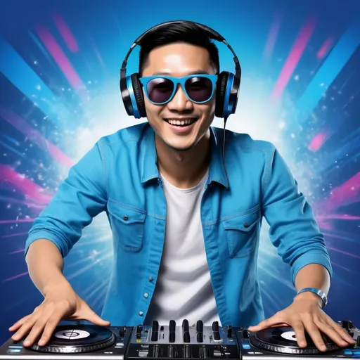 Prompt: an Asian DJ, headphones, man, possibly from Thailand, livening up a party. The scene is vibrant, with shades of blue dominating the background. Ensure the image is realistic, highlighting the DJ's happiness as he enthusiastically leads the party