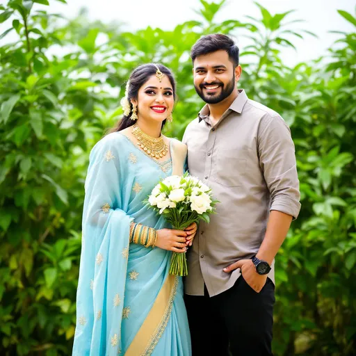Prompt: Against a backdrop of vibrant greenery, a joyful couple stands closely together, exuding warmth and affection. The woman, dressed in a flowing light blue saree adorned with gold accents and jewelry, holds a bouquet of white flowers, while her partner, sporting a stylish open shirt and black trousers, beams with a wide smile. Their relaxed poses and gentle body language reflect a moment of celebration, perhaps symbolizing a special occasion. The bright daylight highlights their features and the details of their attire, creating a lively and happy atmosphere that captures the essence of their connection.