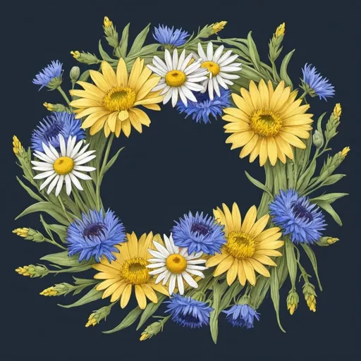 Prompt: a drawing of a wreath of flowers with blue cornflowers, daisies and rapeseed 

