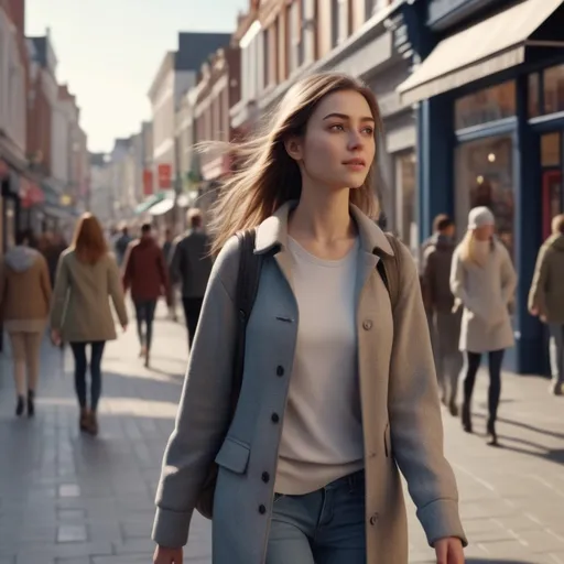 Prompt: Tall young woman walking down the high street, (realistic) city scene, wearing (detailed clothing) that reflects contemporary fashion, (natural lighting) soft and warm with daylight hues, bustling atmosphere with lively pedestrians and storefronts in the background, (4K) ultra-detailed, emphasizing a vibrant yet relaxed urban ambiance, conveying a sense of independence and confidence.