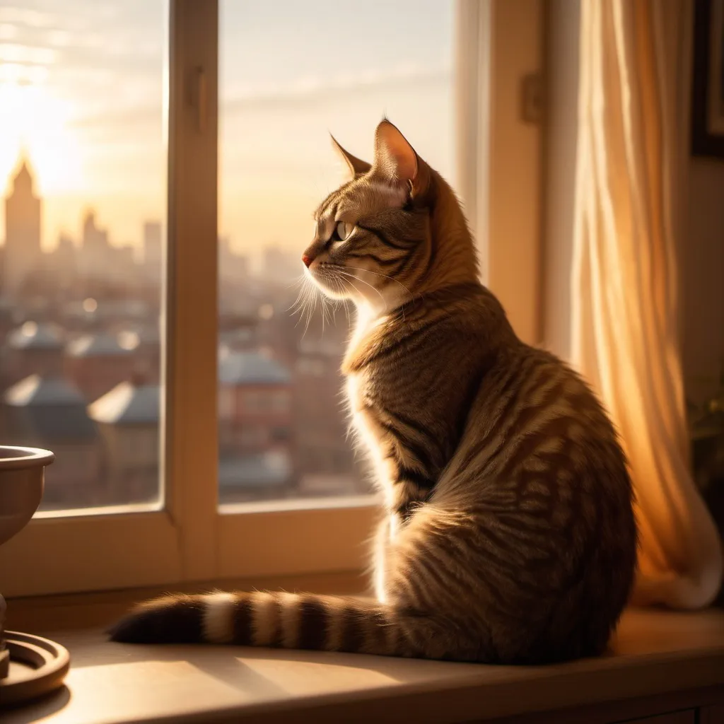 Prompt: an image of a cat sitting peacefully in a cozy room, surrounded by soft, warm light. The cat has a calm and thoughtful expression, observing its surroundings. In the background, a window shows a distant, slightly blurred cityscape. There is a clear contrast between the warmth of the indoor setting and the coolness of the exterior, representing the balance between domestic comfort and wild independence. The cat’s posture is relaxed, but there is a subtle tension in its body language, implying that it is always alert and evaluating its environment. The overall feel should be serene, with a hint of quiet strength.