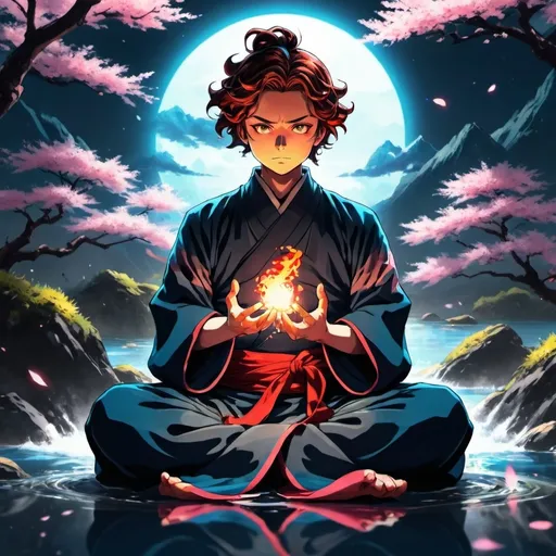 Prompt: A image for my wallpaper phone, about a tanjiro of demon slayer anime with his katana meditating radiation red like flames and blue like water, in a 