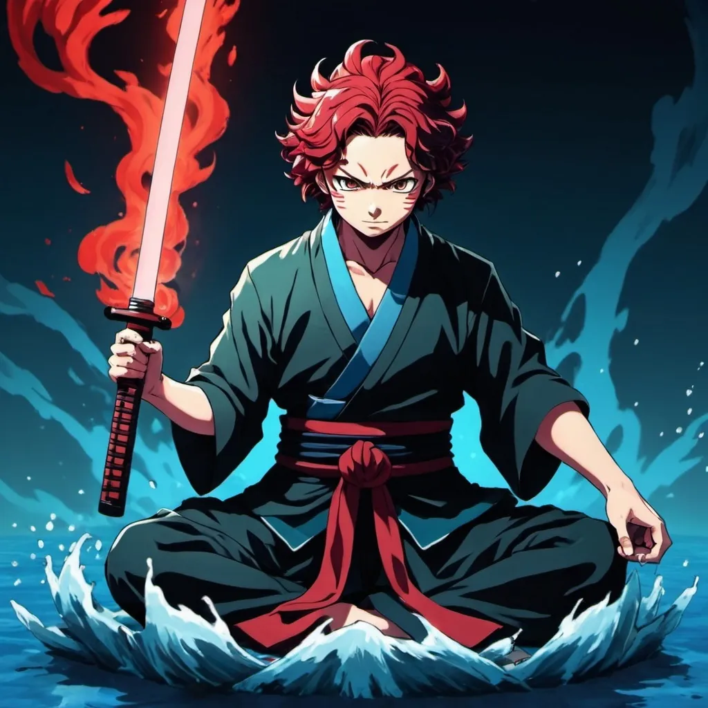 Prompt: A image for my wallpaper phone, about a tanjiro of demon slayer anime with his katana meditating radiation red like flames and blue like water, in a 